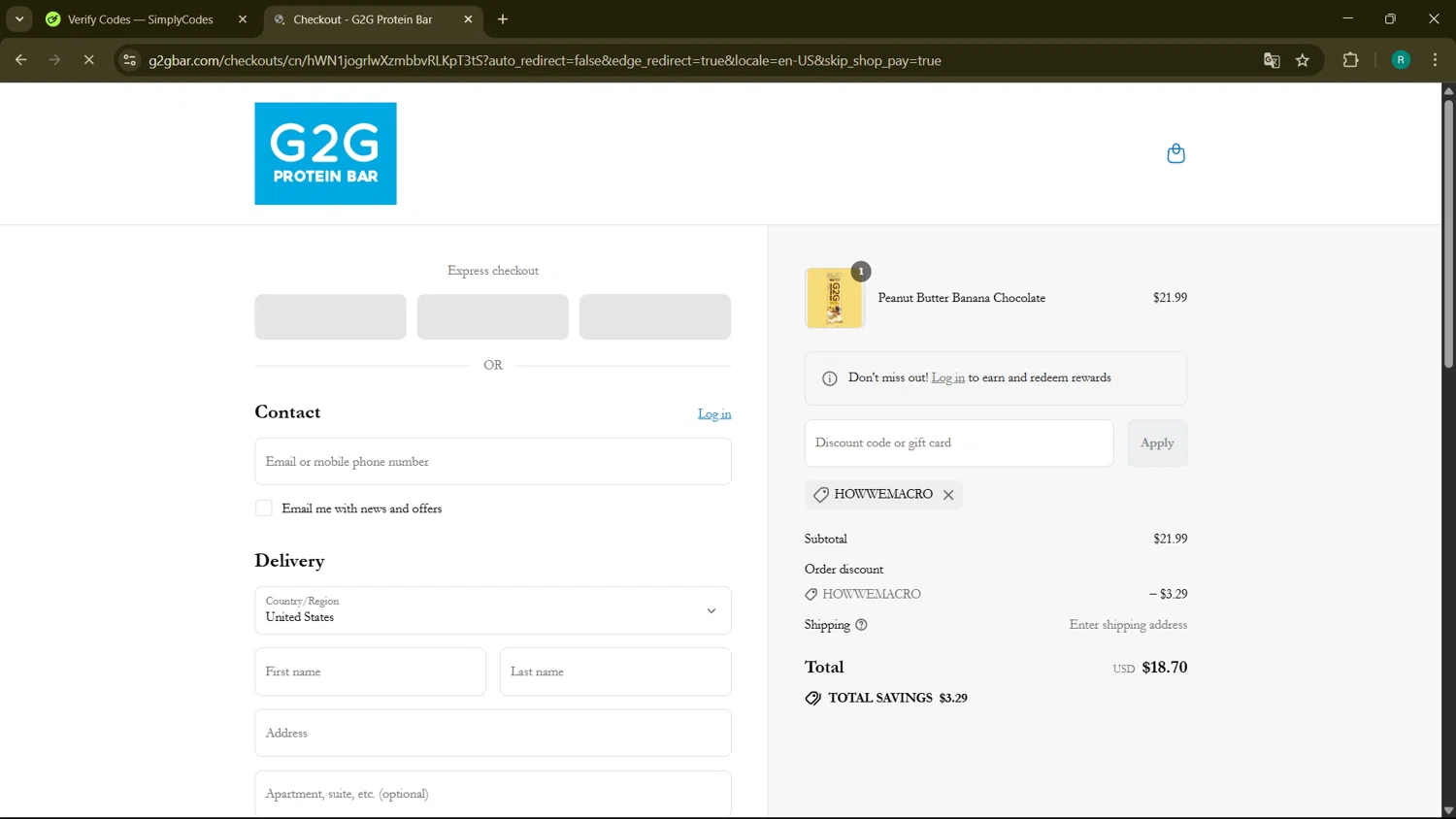 G2G Bar promo code screenshot showing code HOWWEMACRO applied at G2G Bar checkout page. Uploaded by SimplyCodes community member BargainMonarch6495 on Aug 13, 2025