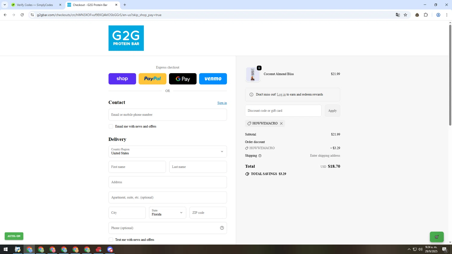 G2G Bar promo code screenshot showing code HOWWEMACRO applied at G2G Bar checkout page. Uploaded by SimplyCodes community member HUMANIZER on Sep 29, 2025