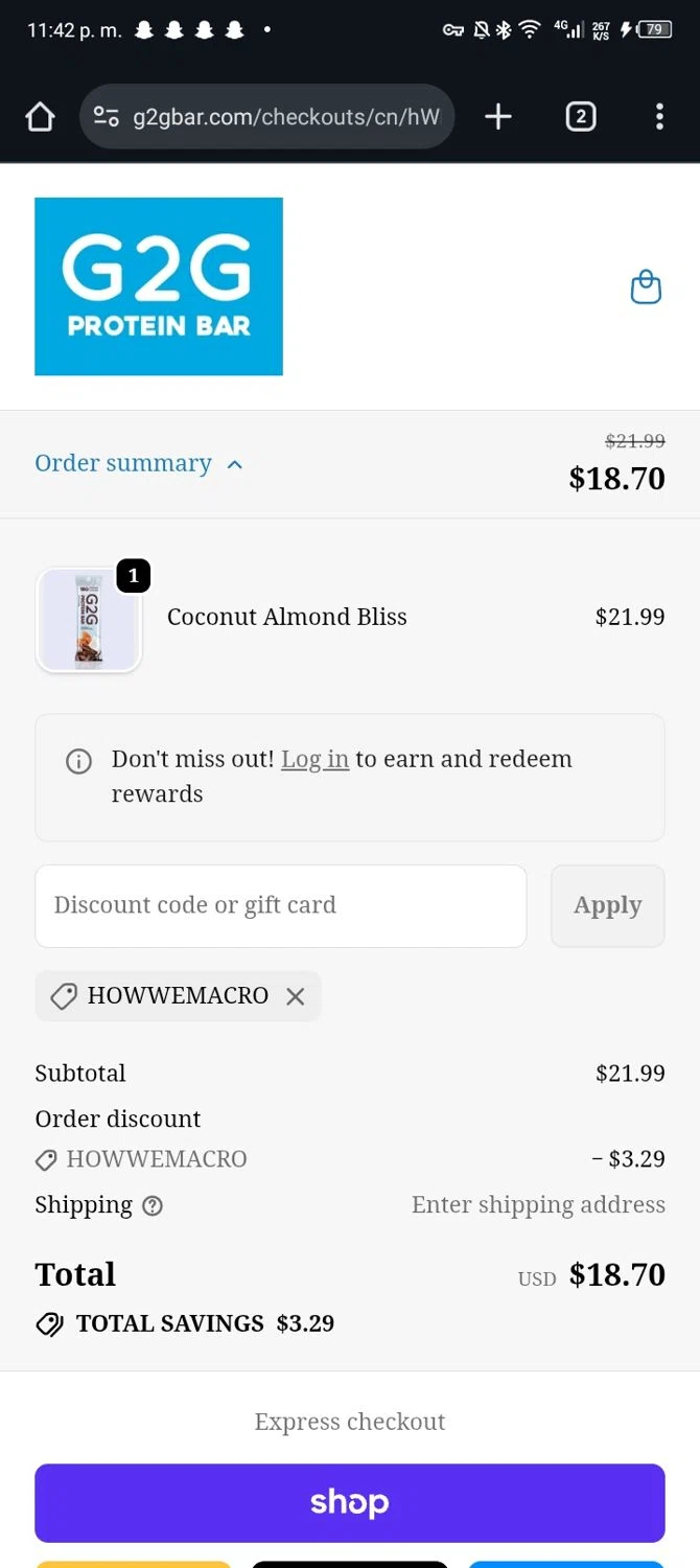 G2G Bar promo code screenshot showing code HOWWEMACRO applied at G2G Bar checkout page. Uploaded by SimplyCodes community member Sasuk3 on Oct 11, 2025