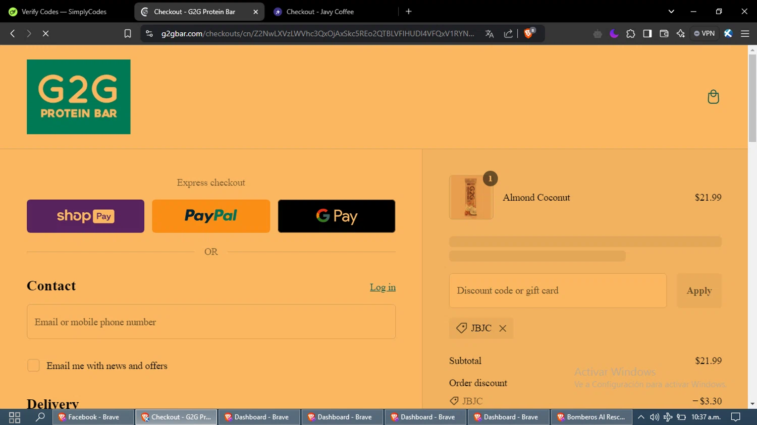 G2G Bar promo code screenshot showing code JBJC applied at G2G Bar checkout page. Uploaded by SimplyCodes community member FrugalAce2492 on Dec 29, 2024