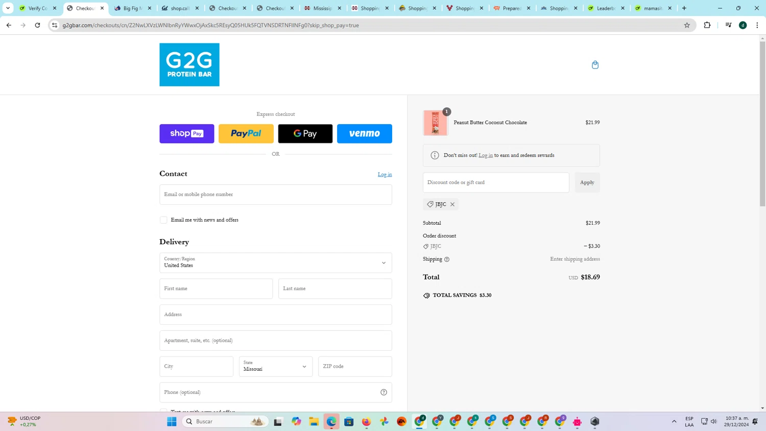 G2G Bar promo code screenshot showing code JBJC applied at G2G Bar checkout page. Uploaded by SimplyCodes community member darlisiglesias on Dec 29, 2024