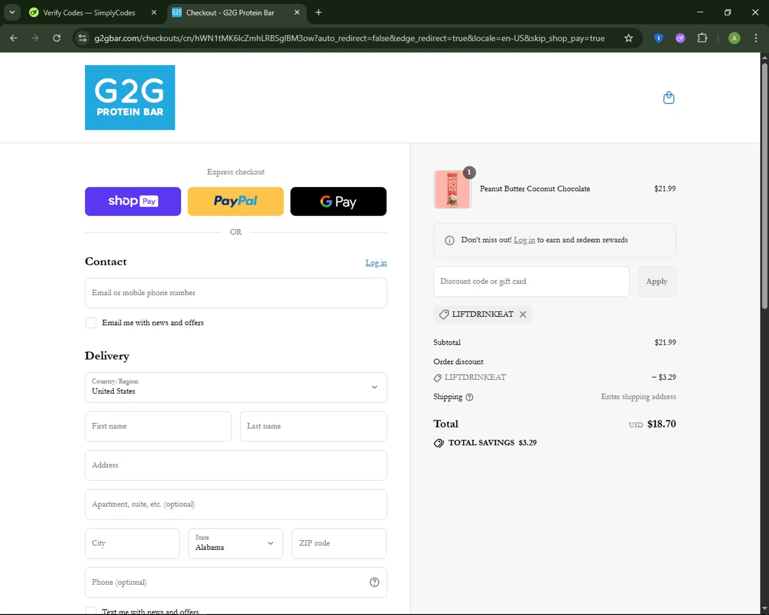 G2G Bar promo code screenshot showing code LIFTDRINKEAT applied at G2G Bar checkout page. Uploaded by SimplyCodes community member MagnificentSaver708 on Aug 17, 2025