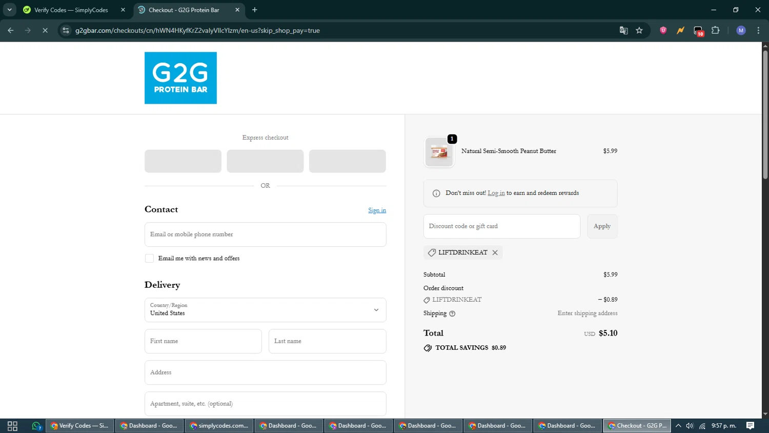 G2G Bar promo code screenshot showing code LIFTDRINKEAT applied at G2G Bar checkout page. Uploaded by SimplyCodes community member VoucherCurator824 on Oct 19, 2025