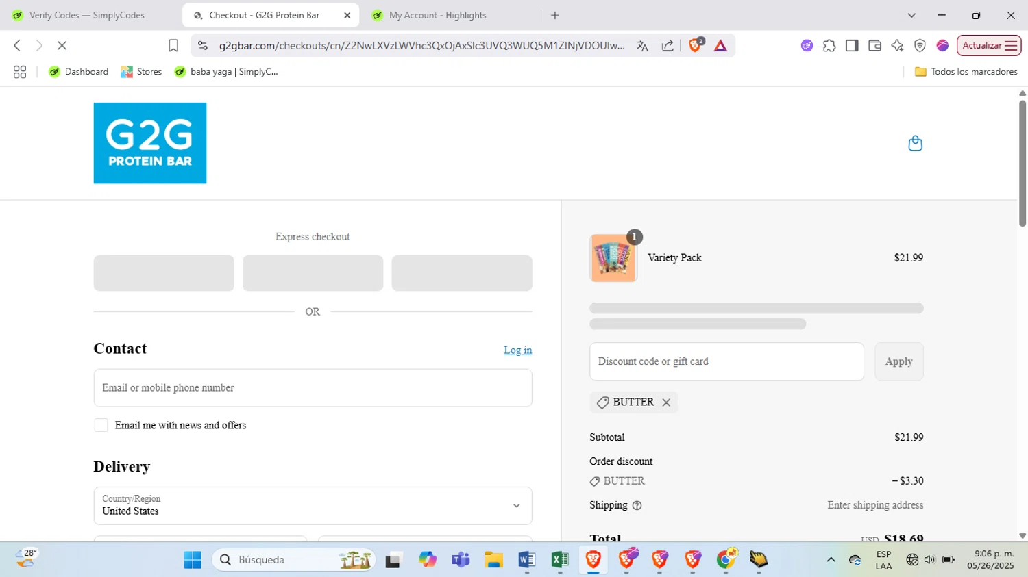 G2G Bar promo code screenshot showing code BUTTER applied at G2G Bar checkout page. Uploaded by SimplyCodes community member BrilliantSpotter8809 on May 27, 2025