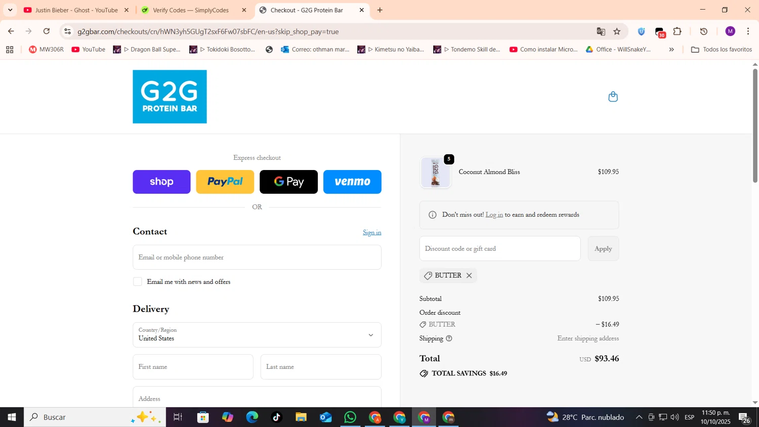 G2G Bar promo code screenshot showing code BUTTER applied at G2G Bar checkout page. Uploaded by SimplyCodes community member cod_gakpo on Oct 11, 2025