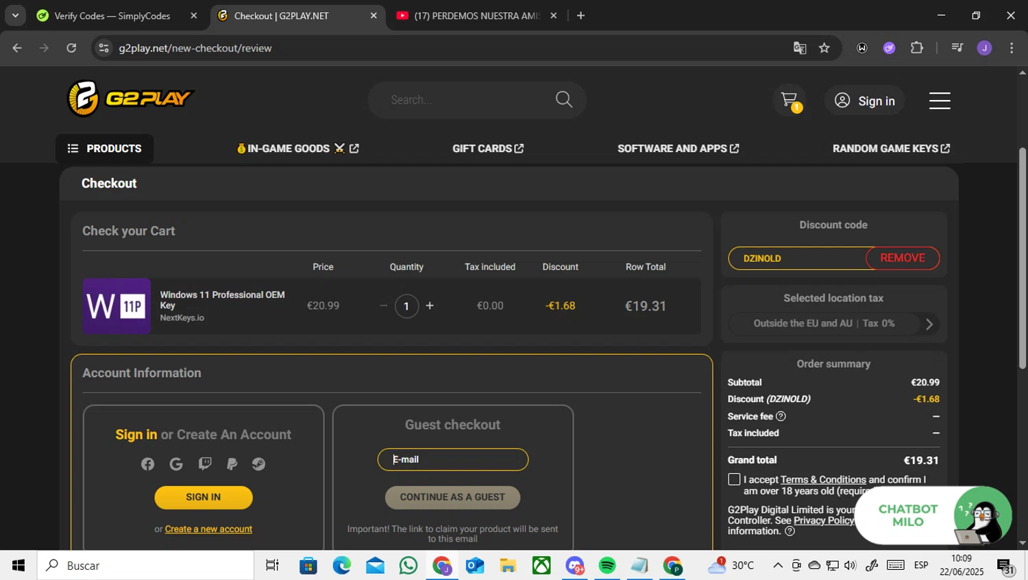 G2PLAY.NET promo code screenshot showing code dzinold applied at G2PLAY.NET checkout page. Uploaded by SimplyCodes community member ENCARAMESSI on Jun 22, 2025