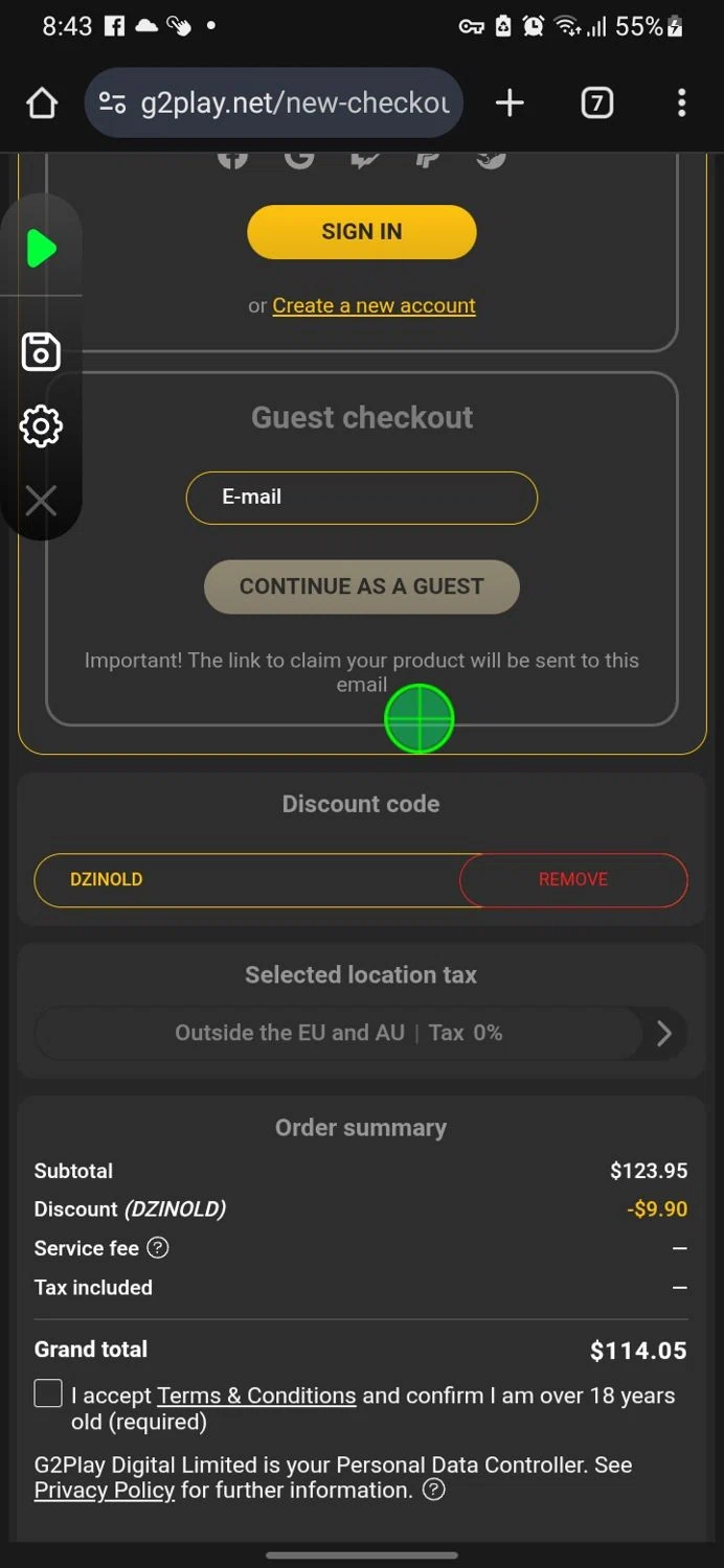 G2PLAY.NET promo code screenshot showing code dzinold applied at G2PLAY.NET checkout page. Uploaded by SimplyCodes community member miguelcrast on May 25, 2025
