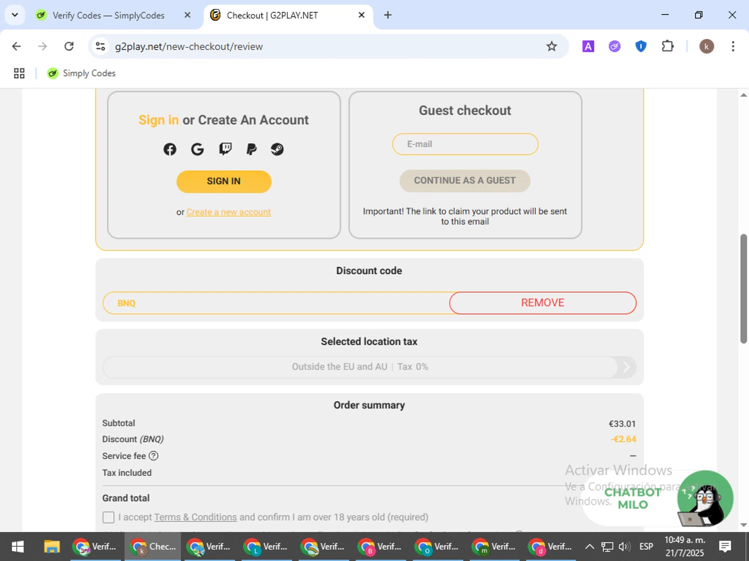 G2PLAY.NET promo code screenshot showing code BNQ applied at G2PLAY.NET checkout page. Uploaded by SimplyCodes community member RewardRanger298 on Jul 21, 2025