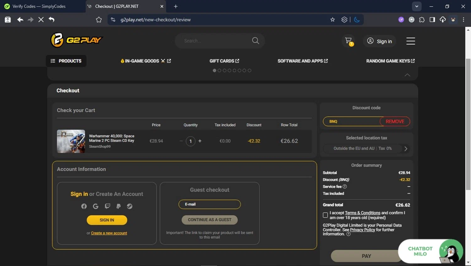 G2PLAY.NET promo code screenshot showing code BNQ applied at G2PLAY.NET checkout page. Uploaded by SimplyCodes community member User_Randon1 on Sep 1, 2025