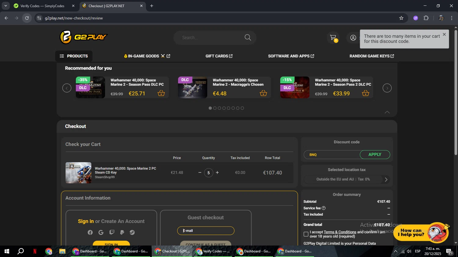 G2PLAY.NET promo code screenshot showing code BNQ applied at G2PLAY.NET checkout page. Uploaded by SimplyCodes community member xxdddd on Dec 20, 2025
