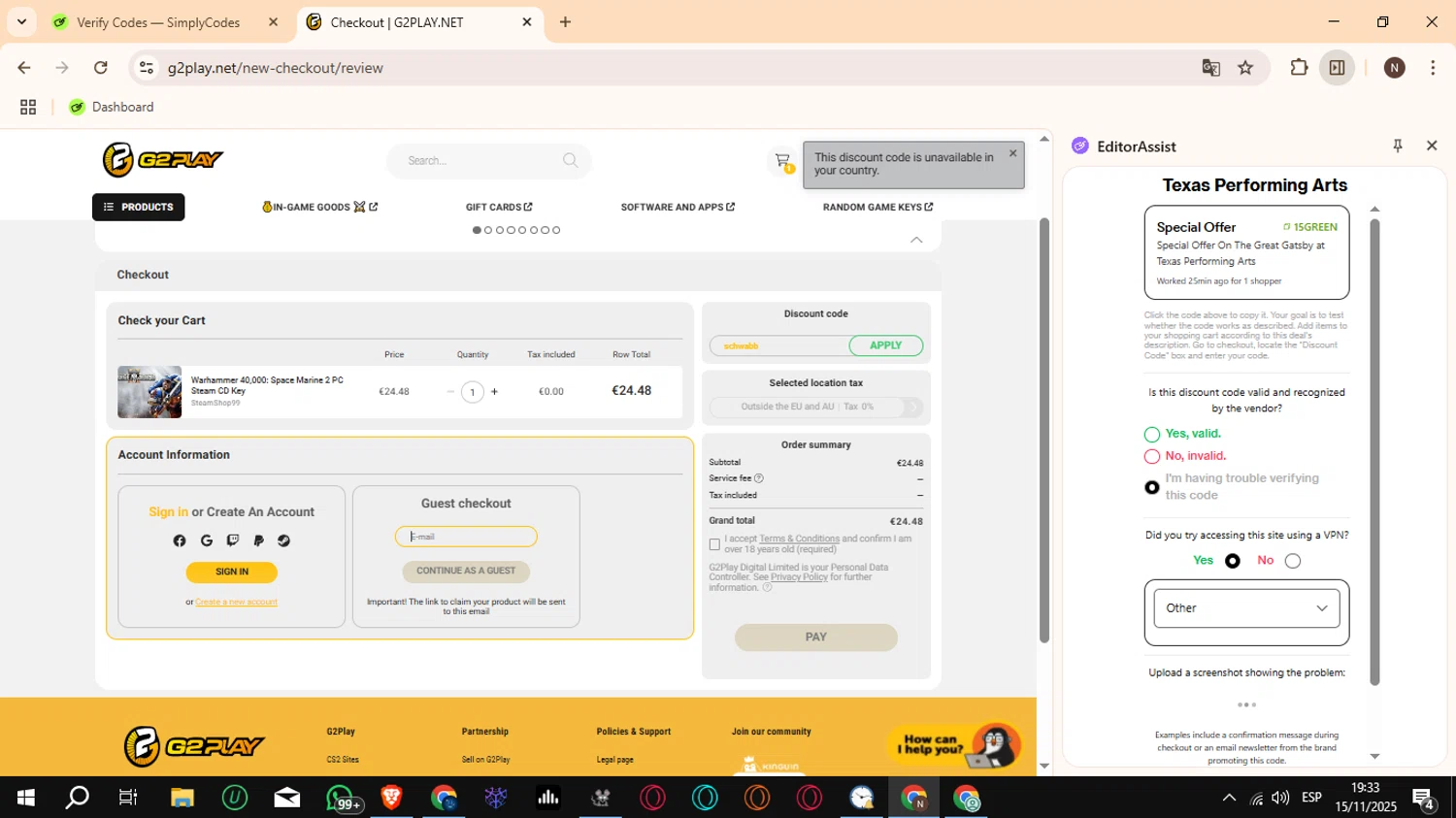 G2PLAY.NET promo code screenshot showing code schwabb applied at G2PLAY.NET checkout page. Uploaded by SimplyCodes community member Crchirino1 on Nov 15, 2025
