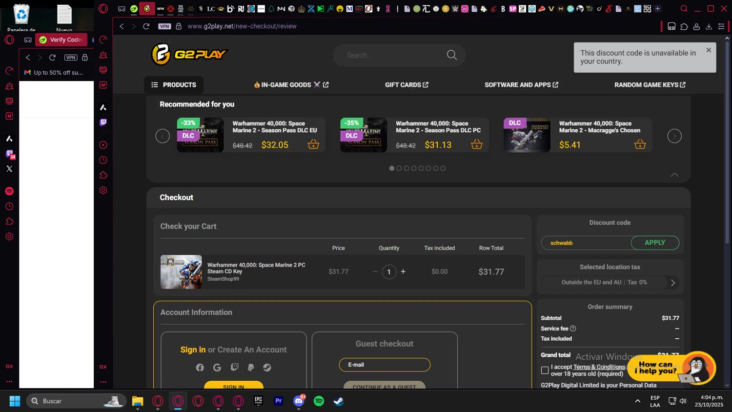 G2PLAY.NET promo code screenshot showing code schwabb applied at G2PLAY.NET checkout page. Uploaded by SimplyCodes community member leonardocamacho2 on Oct 23, 2025