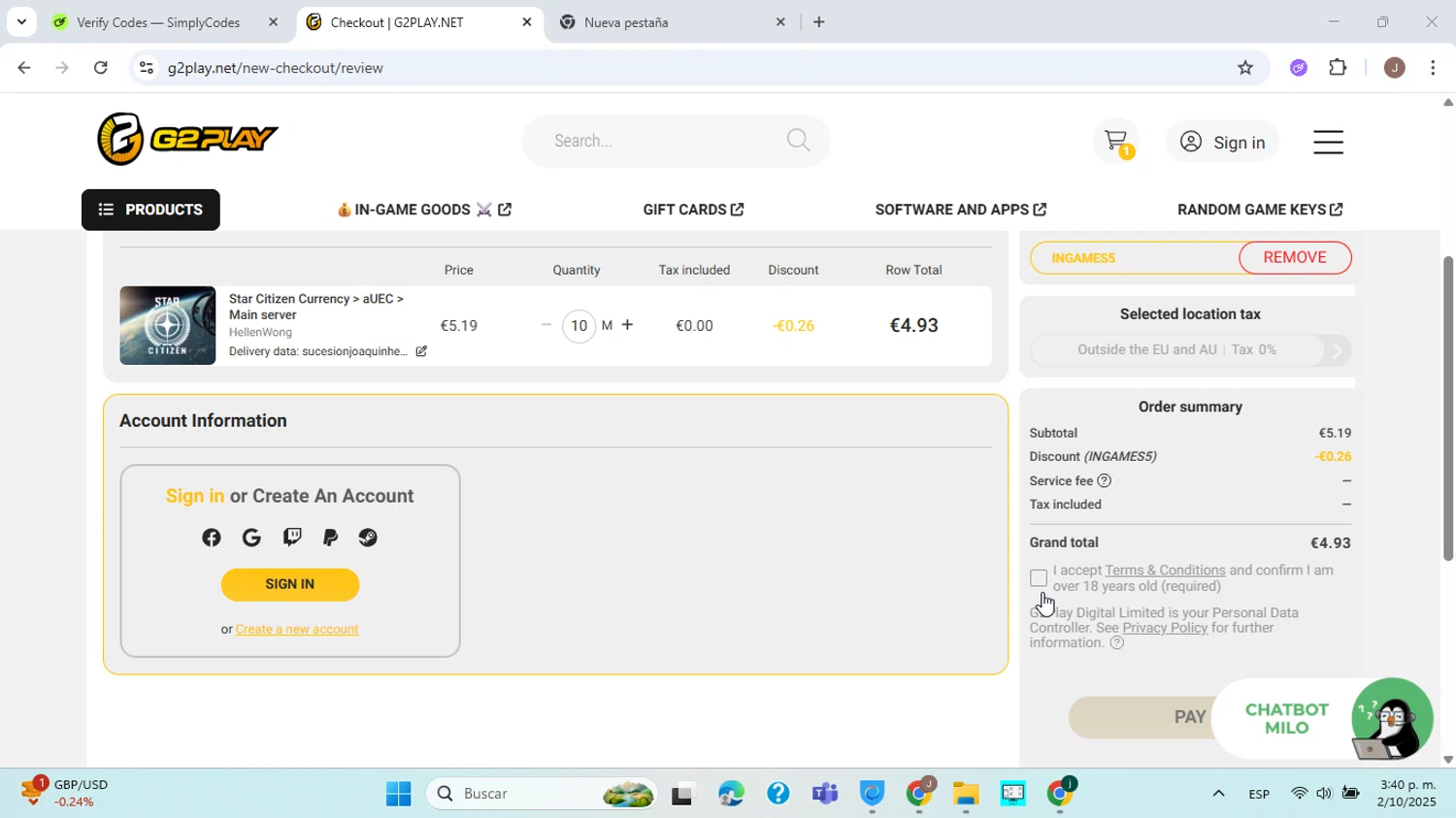 G2PLAY.NET promo code screenshot showing code INGAMES5 applied at G2PLAY.NET checkout page. Uploaded by SimplyCodes community member ABHF23 on Oct 2, 2025