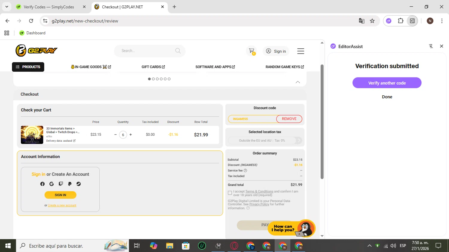 G2PLAY.NET checkout page showing G2PLAY.NET promo code box | Screenshot taken by SimplyCodes community member on Jan 27, 2026