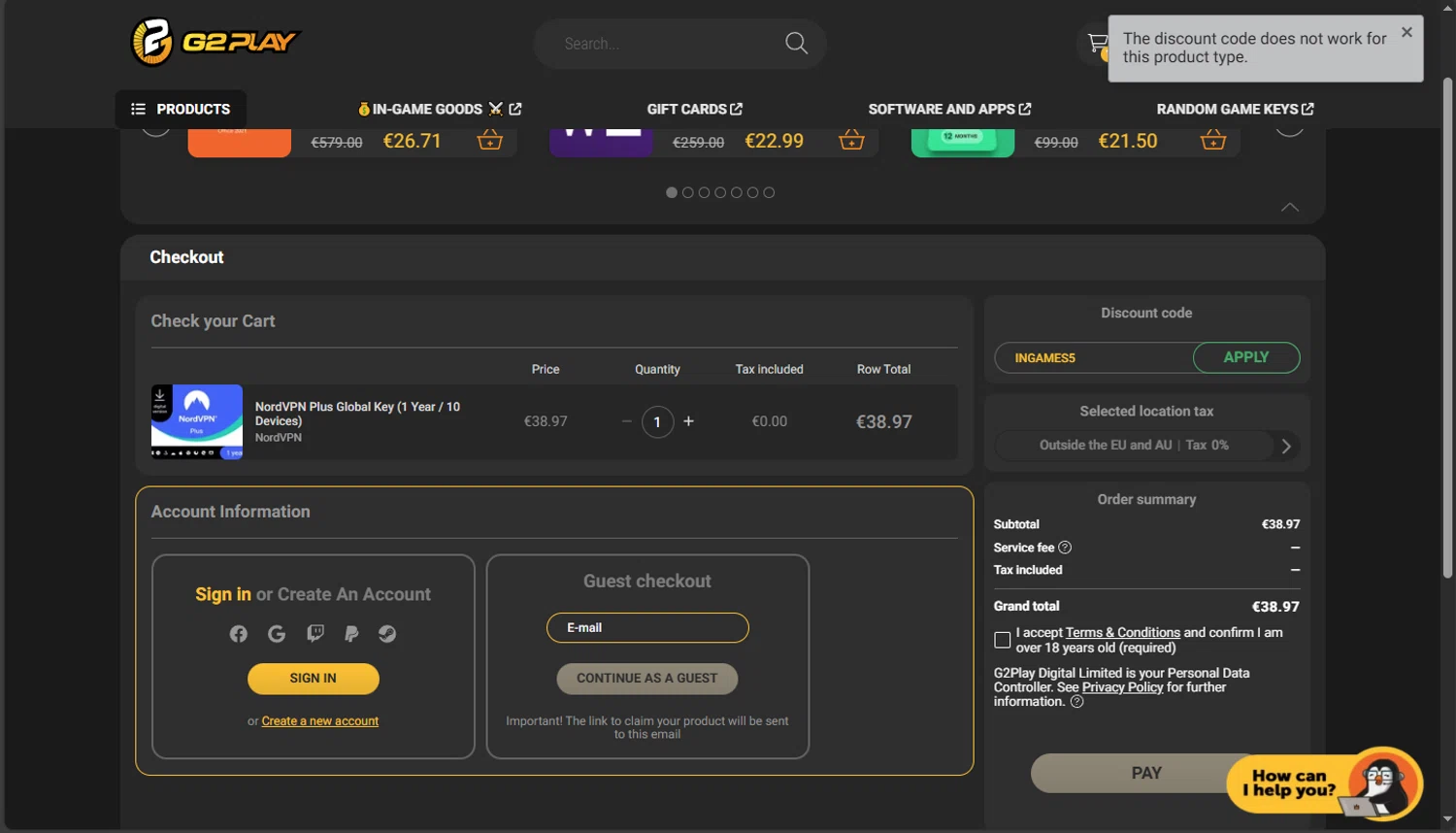 G2PLAY.NET promo code screenshot showing code INGAMES5 applied at G2PLAY.NET checkout page. Uploaded by SimplyCodes community member tokiio on Nov 30, 2025