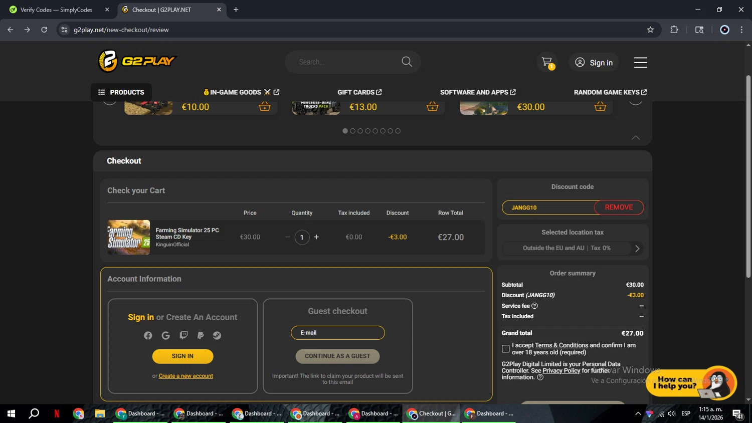 G2PLAY.NET checkout page showing G2PLAY.NET promo code box | Screenshot taken by SimplyCodes community member on Jan 14, 2026