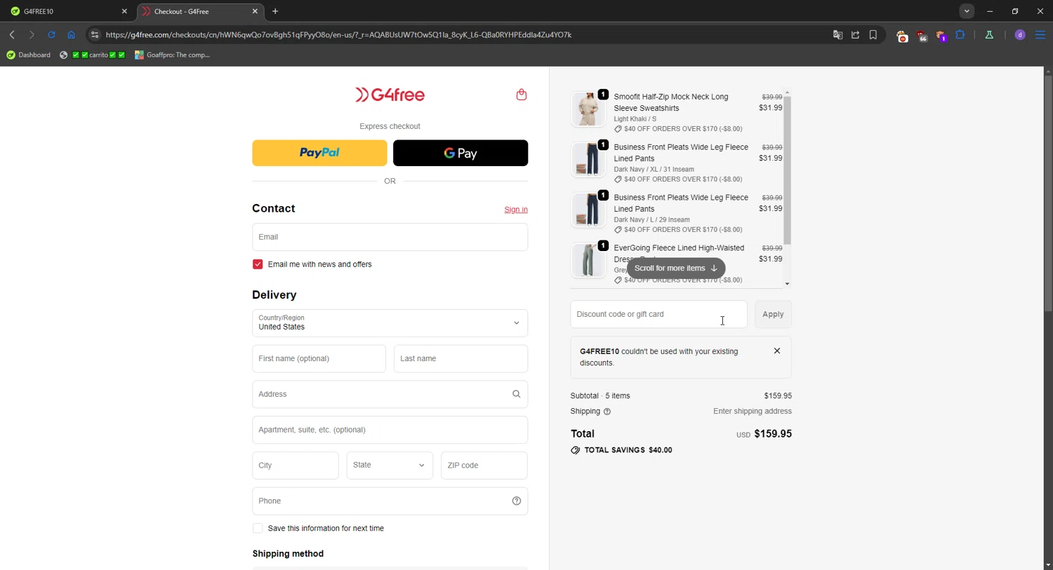 G4Free promo code screenshot showing code G4FREE10 applied at G4Free checkout page. Uploaded by SimplyCodes community member SavvySeeker200 on Dec 25, 2025