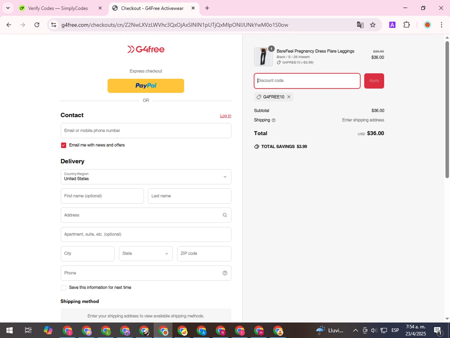 G4Free promo code screenshot showing code G4FREE10 applied at G4Free checkout page. Uploaded by SimplyCodes community member ShieldDefender9117 on Apr 23, 2025