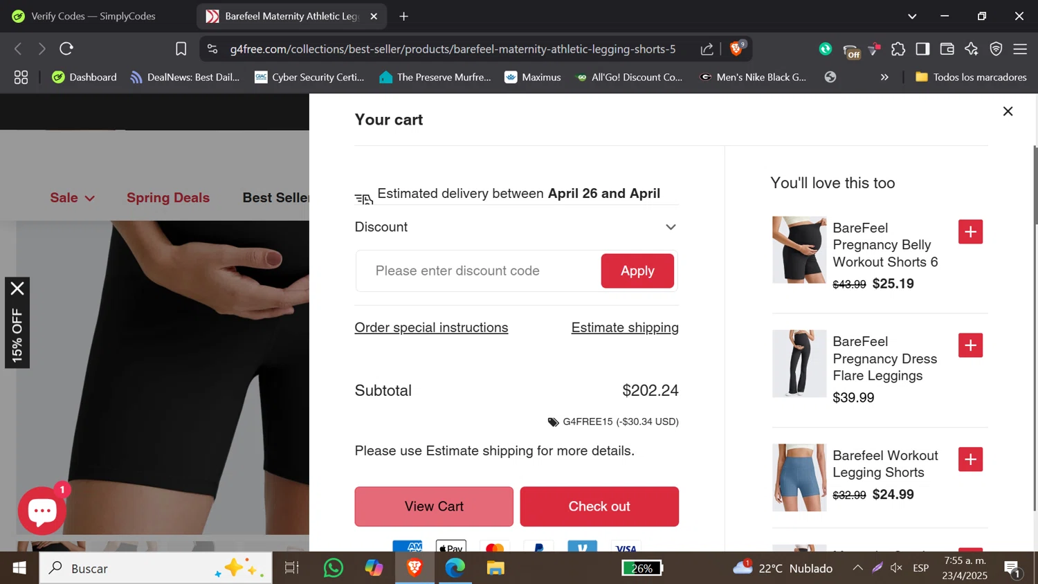 G4Free promo code screenshot showing code G4FREE15 applied at G4Free checkout page. Uploaded by SimplyCodes community member DORIANGEL on Apr 23, 2025