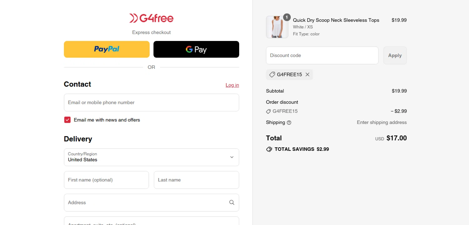 G4Free promo code screenshot showing code G4FREE15 applied at G4Free checkout page. Uploaded by SimplyCodes community member xHRxUltrax on Sep 2, 2025