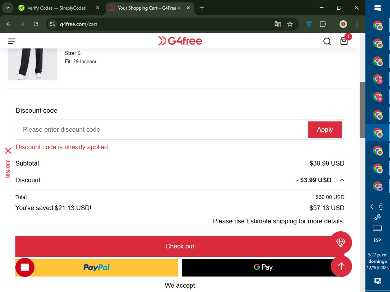 G4Free promo code screenshot showing code WELCOME10 applied at G4Free checkout page. Uploaded by SimplyCodes community member CashMaverick8128 on Oct 12, 2025