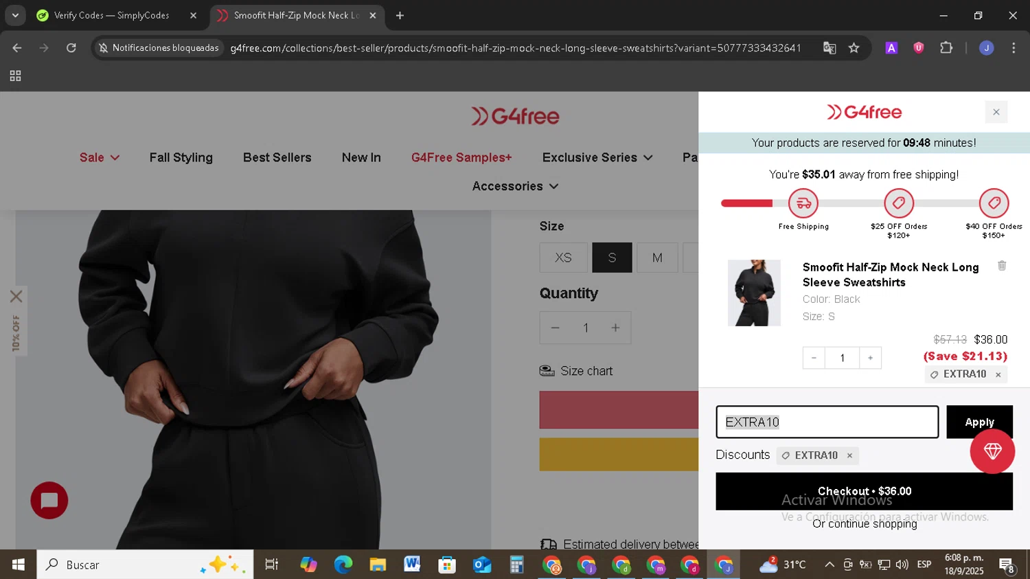 G4Free promo code screenshot showing code EXTRA10 applied at G4Free checkout page. Uploaded by SimplyCodes community member EpicSage3474 on Sep 18, 2025