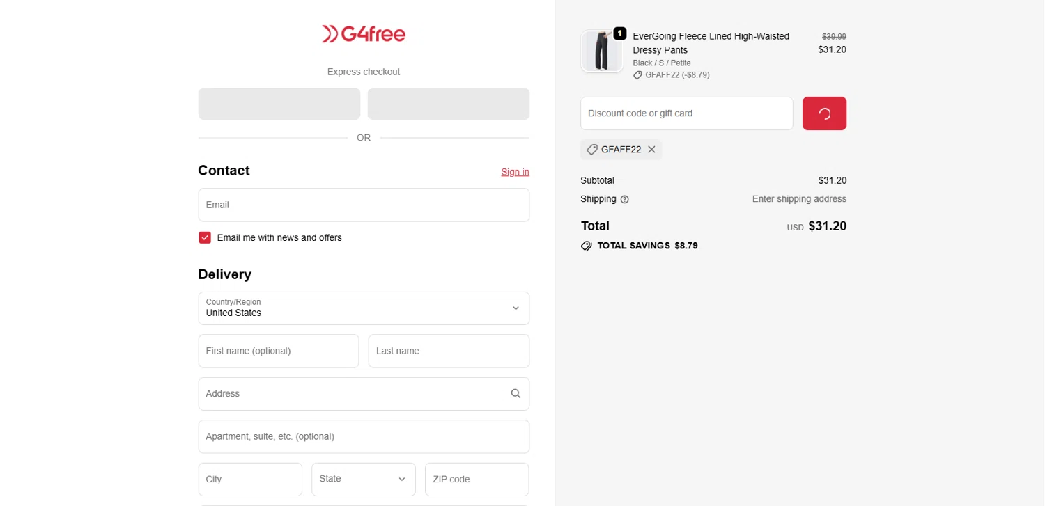 G4Free promo code screenshot showing code GFAFF22 applied at G4Free checkout page. Uploaded by SimplyCodes community member MagnifiHero3476 on Jan 4, 2026