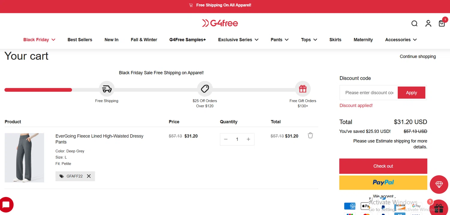 G4Free promo code screenshot showing code GFAFF22 applied at G4Free checkout page. Uploaded by SimplyCodes community member Lioniel on Nov 26, 2025