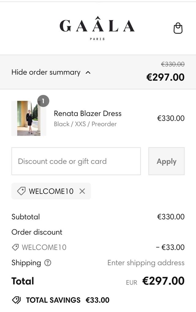 GAÂLA checkout page showing GAÂLA promo code box | Screenshot taken by SimplyCodes community member on Aug 13, 2024