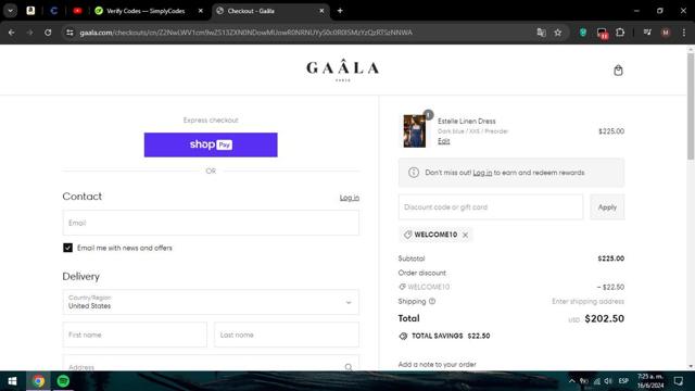 GAÂLA checkout page showing GAÂLA promo code box | Screenshot taken by SimplyCodes community member on Jun 16, 2024