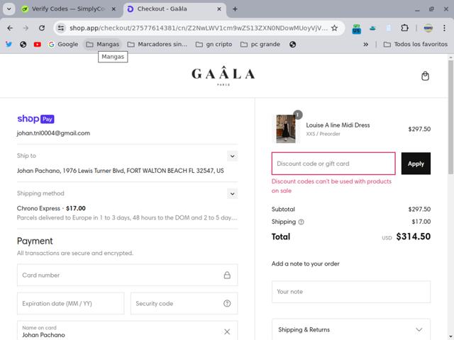 GAÂLA checkout page showing GAÂLA promo code box | Screenshot taken by SimplyCodes community member on Jul 15, 2024