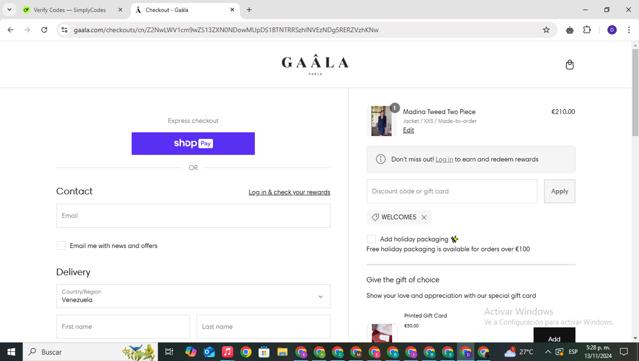 GAÂLA checkout page showing GAÂLA promo code box | Screenshot taken by SimplyCodes community member on Nov 13, 2024