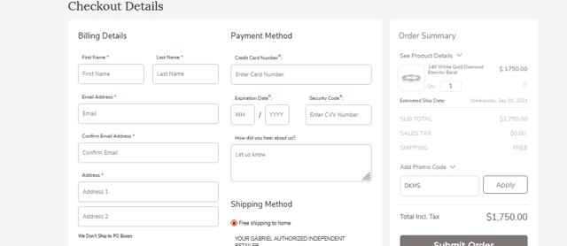 Gabriel & Co. checkout page showing Gabriel & Co. promo code box | Screenshot taken by SimplyCodes community member on Aug 24, 2021