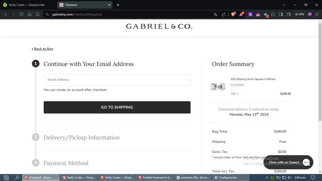Gabriel & Co. checkout page showing Gabriel & Co. promo code box | Screenshot taken by SimplyCodes community member on May 7, 2024