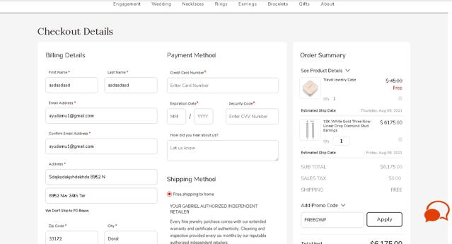 Gabriel & Co. checkout page showing Gabriel & Co. promo code box | Screenshot taken by SimplyCodes community member on Jul 29, 2021