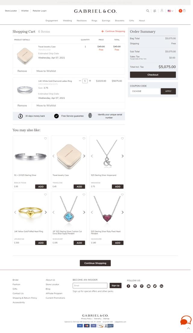 Gabriel & Co. checkout page showing Gabriel & Co. promo code box | Screenshot taken by SimplyCodes community member on Mar 28, 2021