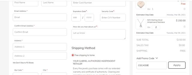 Gabriel & Co. checkout page showing Gabriel & Co. promo code box | Screenshot taken by SimplyCodes community member on Feb 27, 2021