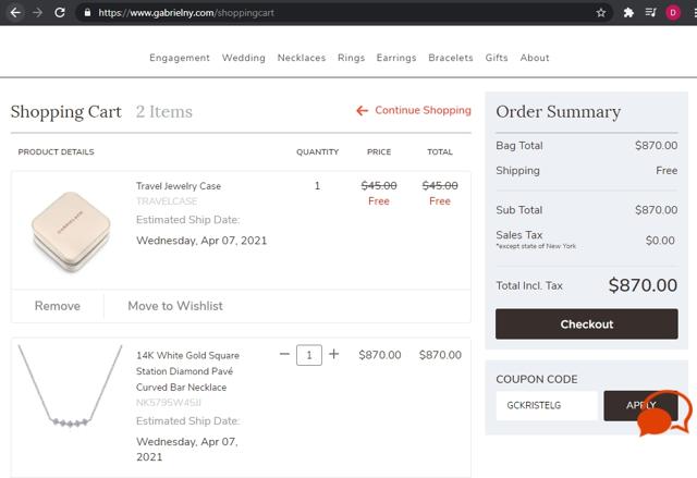 Gabriel & Co. checkout page showing Gabriel & Co. promo code box | Screenshot taken by SimplyCodes community member on Mar 28, 2021