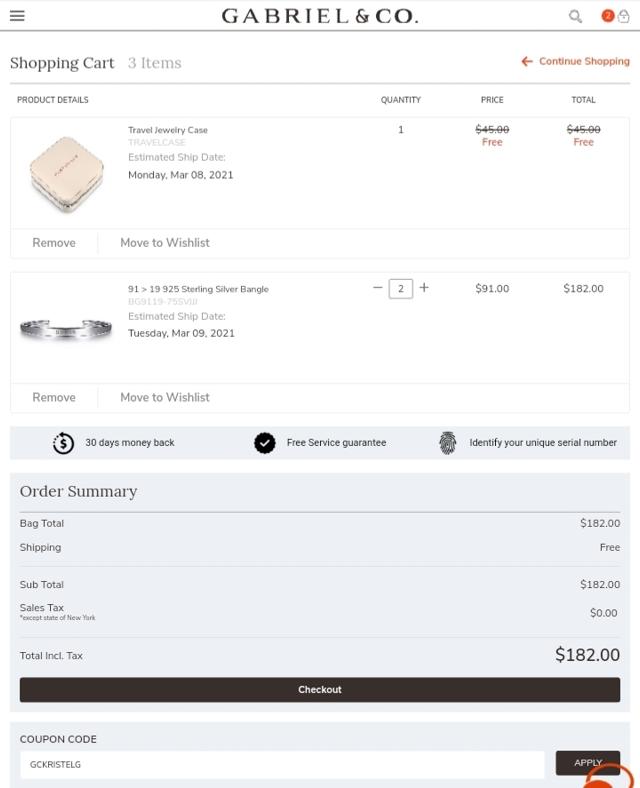 Gabriel & Co. checkout page showing Gabriel & Co. promo code box | Screenshot taken by SimplyCodes community member on Feb 27, 2021