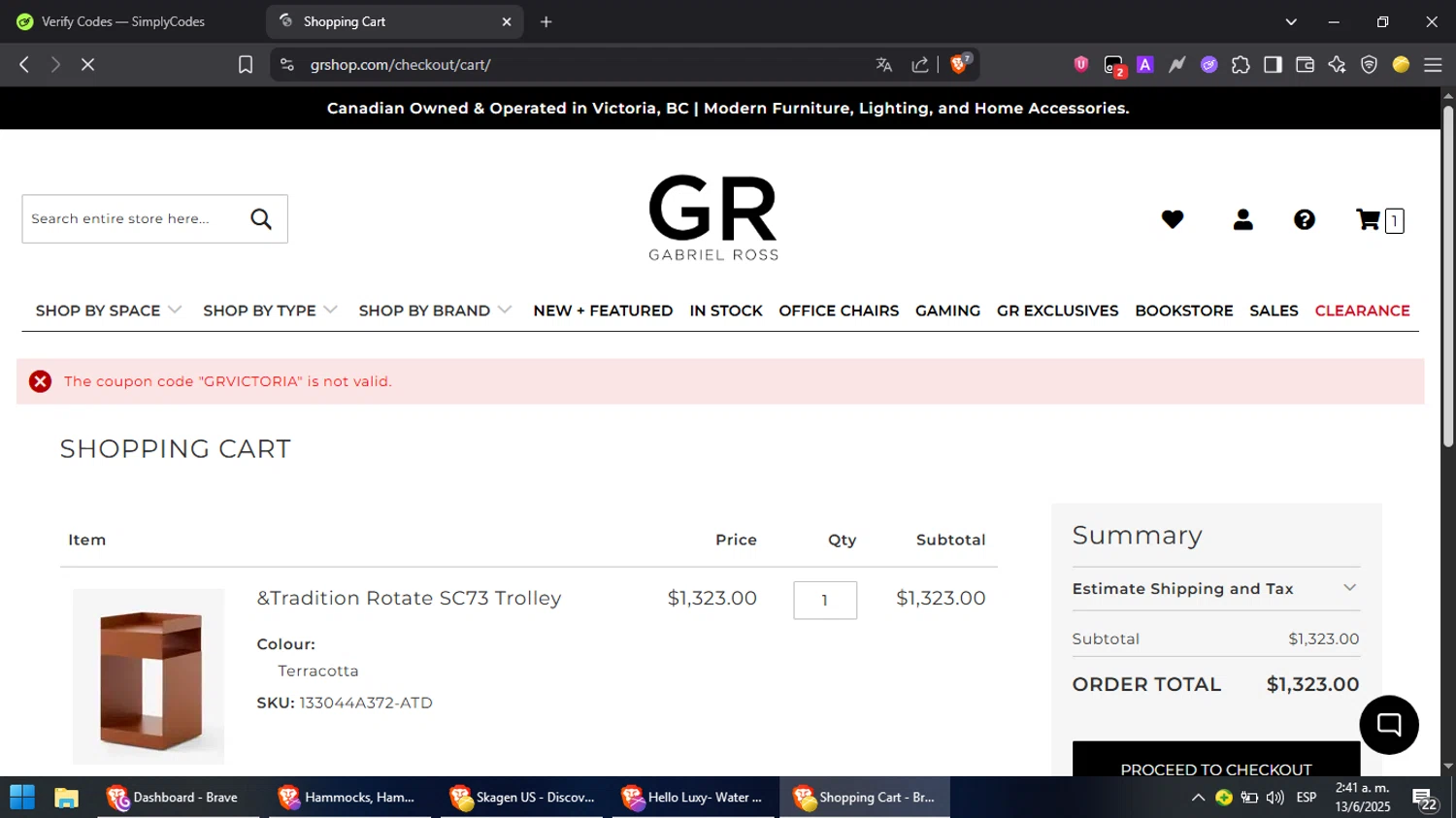 Gabriel Ross discount code screenshot showing code GRVICTORIA applied at Gabriel Ross checkout page. Uploaded by SimplyCodes community member PromoScout8746 on Jun 13, 2025