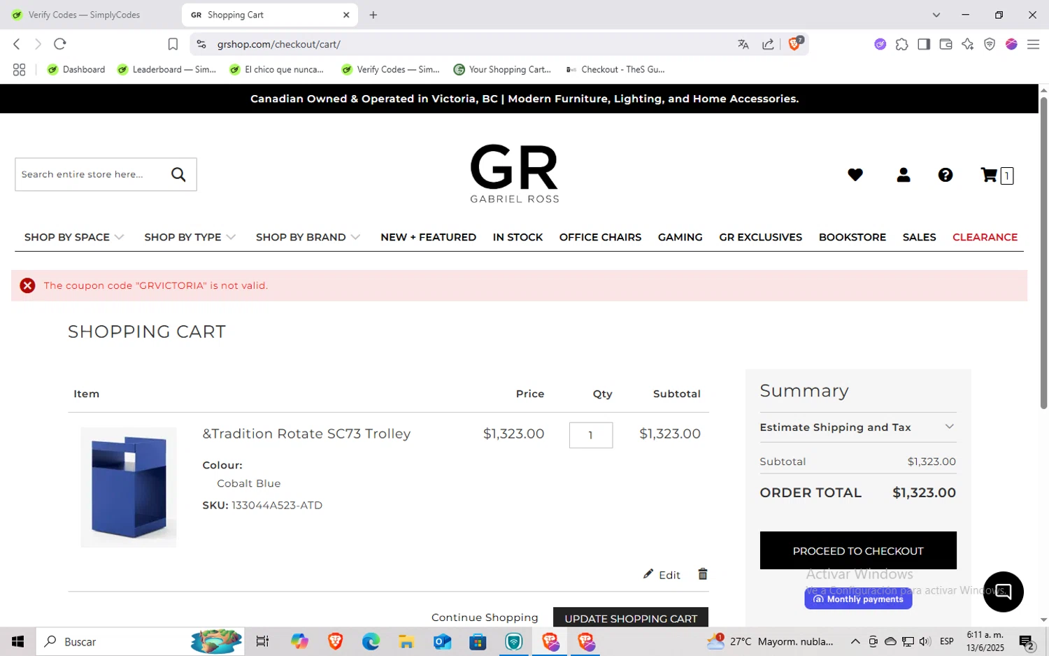 Gabriel Ross discount code screenshot showing code GRVICTORIA applied at Gabriel Ross checkout page. Uploaded by SimplyCodes community member Rayyyyyy on Jun 13, 2025