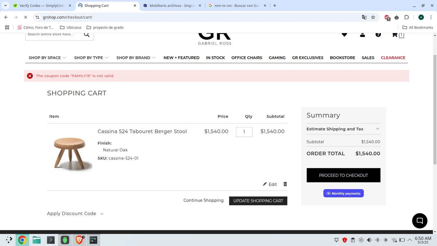 Gabriel Ross discount code screenshot showing code FAMILY15 applied at Gabriel Ross checkout page. Uploaded by SimplyCodes community member admeneses on Mar 5, 2025