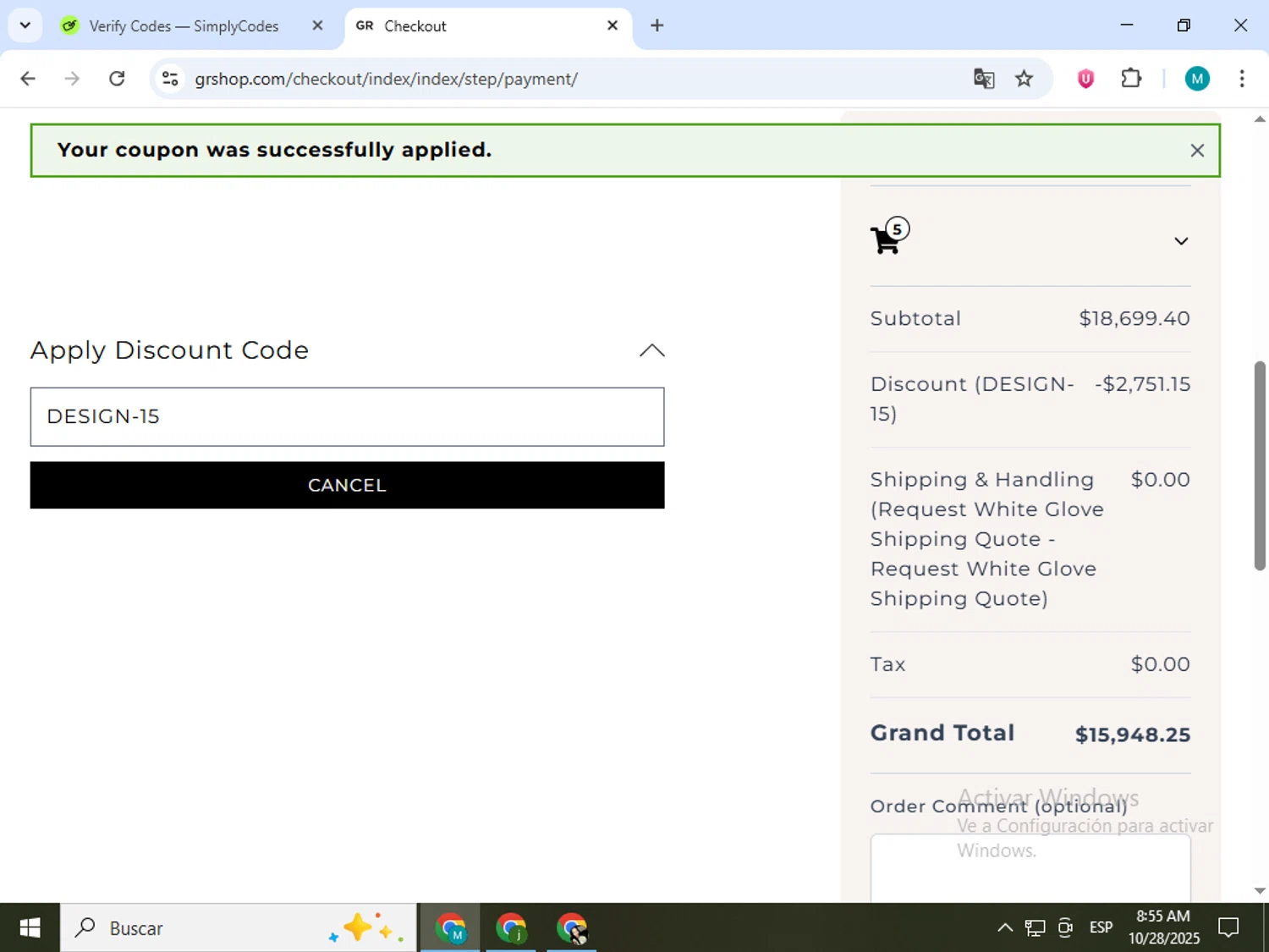 Gabriel Ross discount code screenshot showing code DESIGN-15 applied at Gabriel Ross checkout page. Uploaded by SimplyCodes community member estrellaveloz on Oct 28, 2025