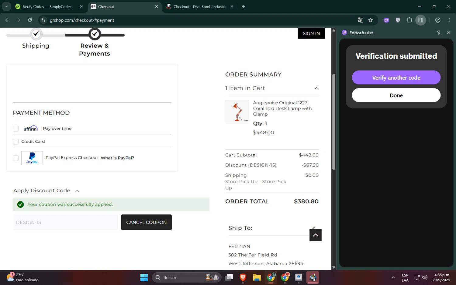 Gabriel Ross checkout page showing Gabriel Ross discount code box | Screenshot taken by SimplyCodes community member on Sep 29, 2025
