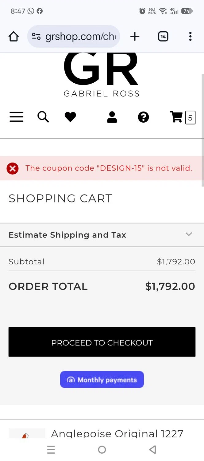 Gabriel Ross discount code screenshot showing code DESIGN-15 applied at Gabriel Ross checkout page. Uploaded by SimplyCodes community member larenacida on Oct 28, 2025