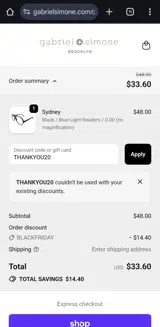 THANKYOU20 coupon verification screenshot