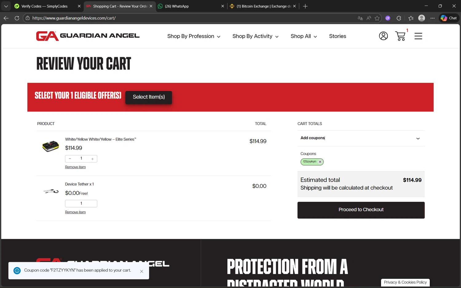 Guardian Angel Devices promo code screenshot showing code F2TZYYKYN applied at Guardian Angel Devices checkout page. Uploaded by SimplyCodes community member juanx1702 on Jan 29, 2026