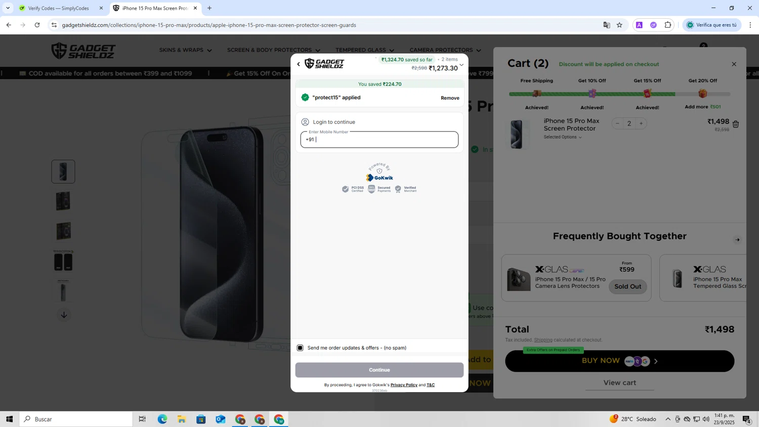 Gadgetshieldz promo code screenshot showing code Protect15 applied at Gadgetshieldz checkout page. Uploaded by SimplyCodes community member CoinCollector8010 on Sep 23, 2025