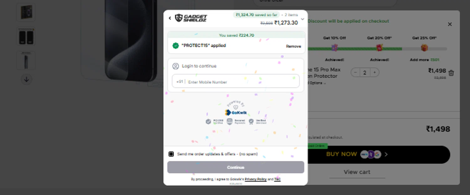 Gadgetshieldz promo code screenshot showing code Protect15 applied at Gadgetshieldz checkout page. Uploaded by SimplyCodes community member TraxoGamer on Jan 5, 2026