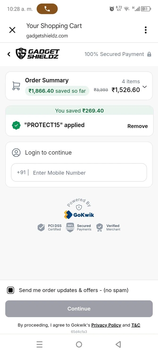 Gadgetshieldz promo code screenshot showing code Protect15 applied at Gadgetshieldz checkout page. Uploaded by SimplyCodes community member coromotopalmar on Nov 22, 2025